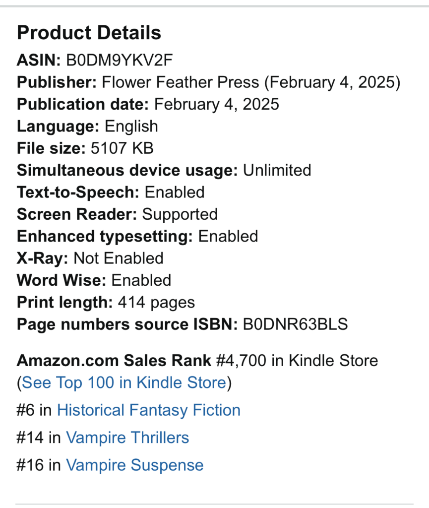 Amazon Screenshot showing Immortal Gifts as 
#6 in Historical Fantasy
#14 in Vampire Thrillers
#16 in Vampire Suspense